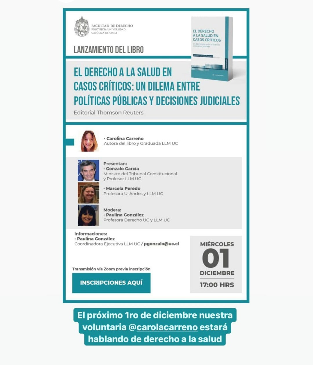 Lanzamiento del libro de la abogada Carolina Carreño: "El derecho a la salud en casos críticos: un dilema entre políticas públicas y decisiones judiciales".